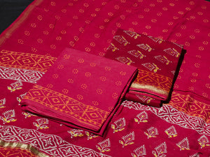 Red Napthol Block Butti Print Chanderi Unstitched Salwar Kurta Set Material