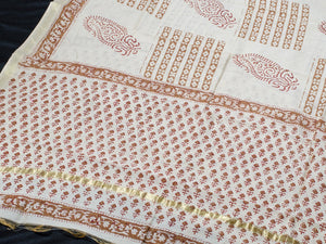 Beige & Brown Bagru Block Butti Print Chanderi Salwar Kurta Set Material