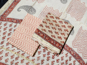 Beige & Orange Sanganeri Block Butti Print Chanderi Salwar Kurta Set Material