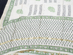 Beige & Green Bagru Block Butti Print Chanderi Salwar Kurta Set Material