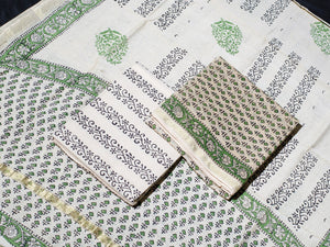 Beige & Green Bagru Block Butti Print Chanderi Salwar Kurta Set Material