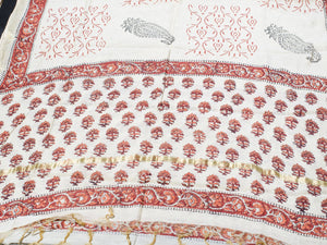 Beige & Orange Floral Block Butti Print Chanderi Salwar Suit Set Material