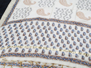 Beige & Blue Pasely Block Butti Print Chanderi Unstitched Dress Material