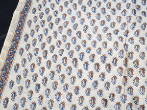 Beige & Blue Pasely Block Butti Print Chanderi Unstitched Dress Material