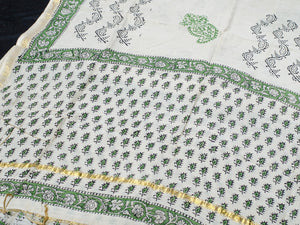 Beige & Green Bagru Block Butti Print Chanderi Unstitched Salwar Kurta Set