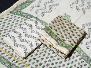 Beige & Green Bagru Block Butti Print Chanderi Unstitched Salwar Kurta Set