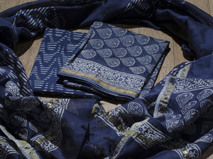 Indigo Block Butti Print Chanderi Suit Material
