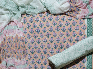 Peach Block Butti Print Cotton Salwar Suit Material