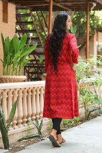 Red Printed A-line Kurti