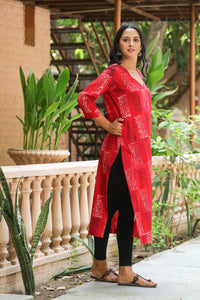Red Discharge Print Straight Kurti