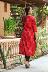 Red Discharge Print Straight Kurti
