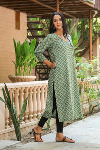 Bottle Green Discharge Print Kurti