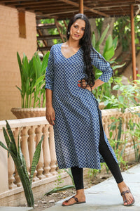 Indigo Checks Print Straight Kurti