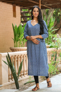 Indigo Checks Print Straight Kurti