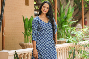Indigo Checks Print Straight Kurti