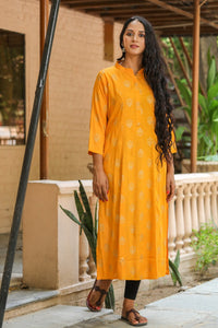 Mustard Solid Printed Kurti