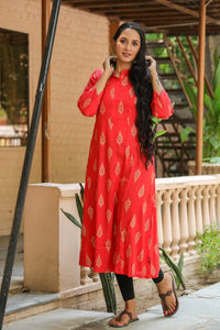 Red Golden Printed Kurti