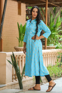 Turquoise Golden Printed Kurti