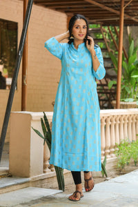 Turquoise Golden Printed Kurti