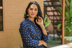 Navy Blue Golden Printed Kurti