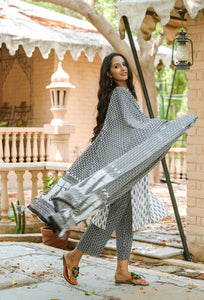 White & Black Sanganeri Block Butti Suit Set