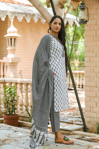 White & Black Sanganeri Block Butti Suit Set