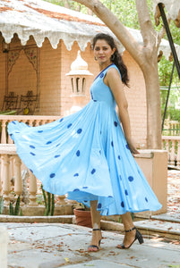 Sky Blue Polka Dot Anghrakha Dress
