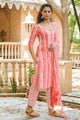 Coral Strip Print Embroidery Neck Suit Set