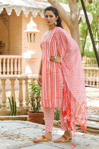 Coral Strip Print Embroidery Neck Suit Set