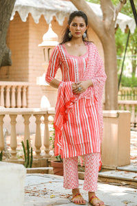 Coral Strip Print Embroidery Neck Suit Set
