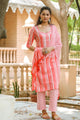 Coral Strip Print Embroidery Neck Suit Set