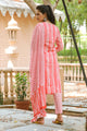 Coral Strip Print Embroidery Neck Suit Set