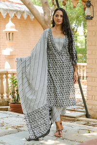 White & Black Block Printed Suit Set