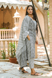 White & Black Block Printed Suit Set