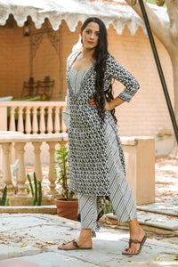 White & Black Block Printed Suit Set