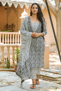 White & Black Block Printed Suit Set