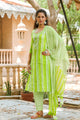 Green Strip Print Embroidery Neck Suit Set