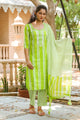 Green Strip Print Embroidery Neck Suit Set