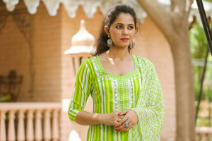 Green Strip Print Embroidery Neck Suit Set