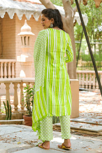 Green Strip Print Embroidery Neck Suit Set
