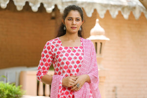 Pink Block Print Embroidery Neck Suit Set