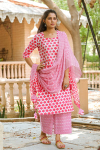 Pink Block Print Embroidery Neck Suit Set