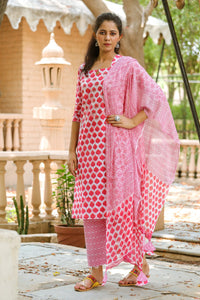 Pink Block Print Embroidery Neck Suit Set