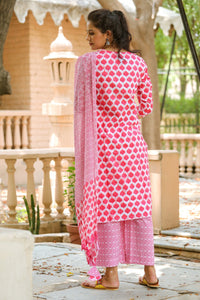 Pink Block Print Embroidery Neck Suit Set