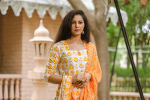 Orange Block Print Embroidery Neck Suit Set