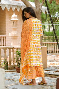 Orange Block Print Embroidery Neck Suit Set