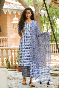 Blue Block Print Embroidery Neck Suit Set