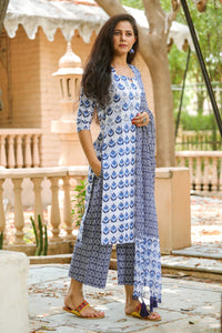 Blue Block Print Embroidery Neck Suit Set