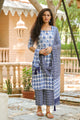 Blue Block Print Embroidery Neck Suit Set
