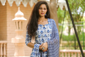 Blue Block Print Embroidery Neck Suit Set